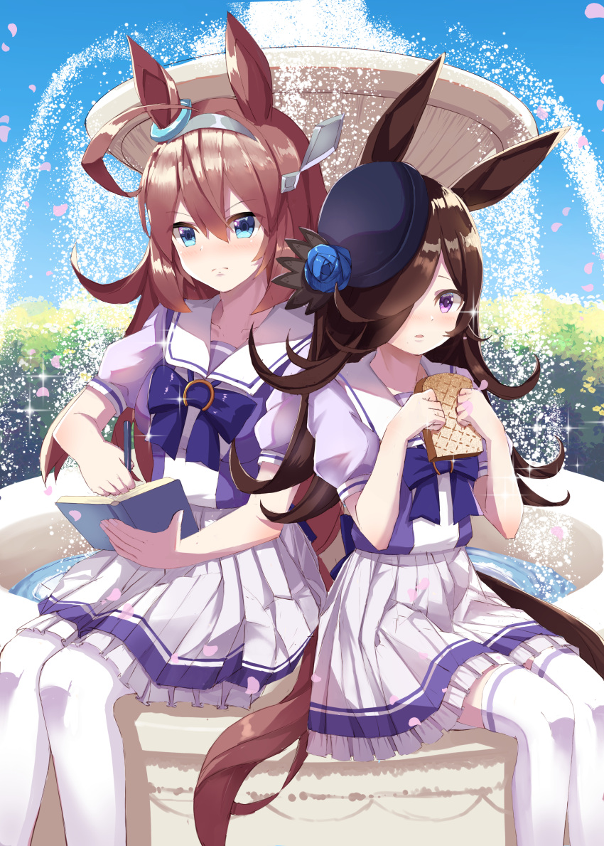 2girls absurdres ahoge animal_ears bangs black_headwear blue_bow blue_eyes blue_flower blue_rose blue_sky blush book bow bread brown_hair closed_mouth commentary_request day feet_out_of_frame flower food fountain frilled_skirt frills hair_between_eyes hair_over_one_eye hat hat_flower highres holding holding_book holding_food holding_pen horse_ears horse_girl horse_tail mihono_bourbon_(umamusume) multiple_girls natsuki_(digretking) open_book outdoors parted_lips pen petals pleated_skirt puffy_short_sleeves puffy_sleeves purple_shirt rice_shower_(umamusume) rose school_uniform shirt short_sleeves sitting skirt sky tail thigh-highs tilted_headwear tracen_school_uniform umamusume violet_eyes water white_skirt white_thighhighs