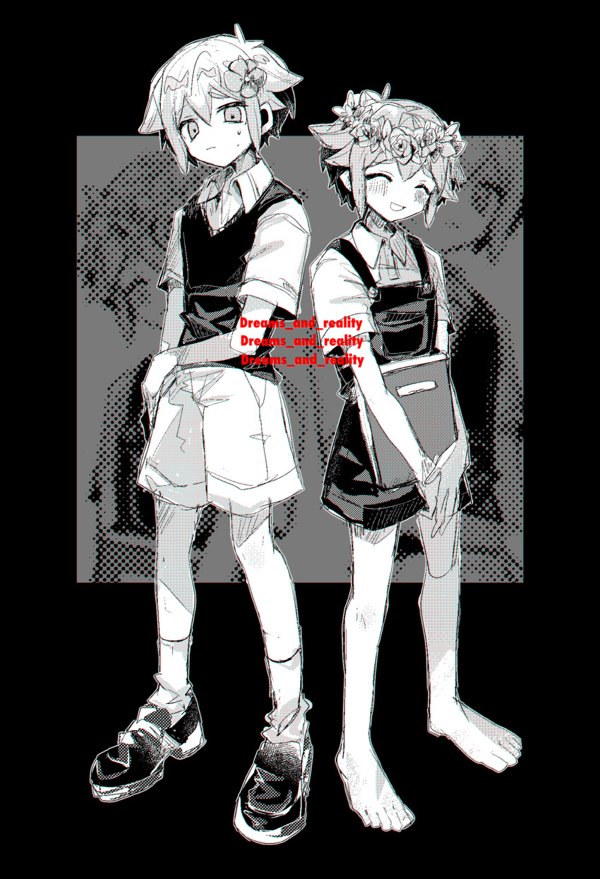 2boys ^_^ ^o^ barefoot basil_(omori) book closed_eyes closed_mouth facing_viewer fjsk flower greyscale hair_flower hair_ornament head_wreath highres holding holding_book looking_at_viewer monochrome multiple_boys omori overalls short_hair short_sleeves shorts socks sweat sweater_vest