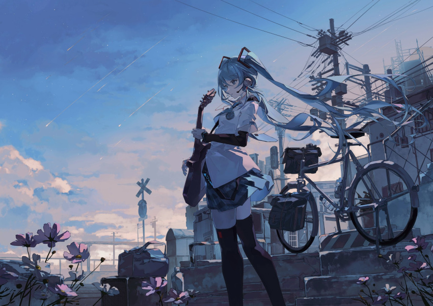 1girl acoustic_guitar aqua_hair arm_warmers bag bangs bicycle black_thighhighs blue_sky building clouds commentary_request falling_star feet_out_of_frame flower gradient_sky grey_sky ground_vehicle guitar hatsune_miku headset highres holding holding_instrument instrument long_hair mechari miniskirt outdoors parted_lips pink_flower railroad_signal scenery shirt short_sleeves skirt sky solo star_(sky) starry_sky thigh-highs twintails utility_pole very_long_hair vocaloid white_shirt