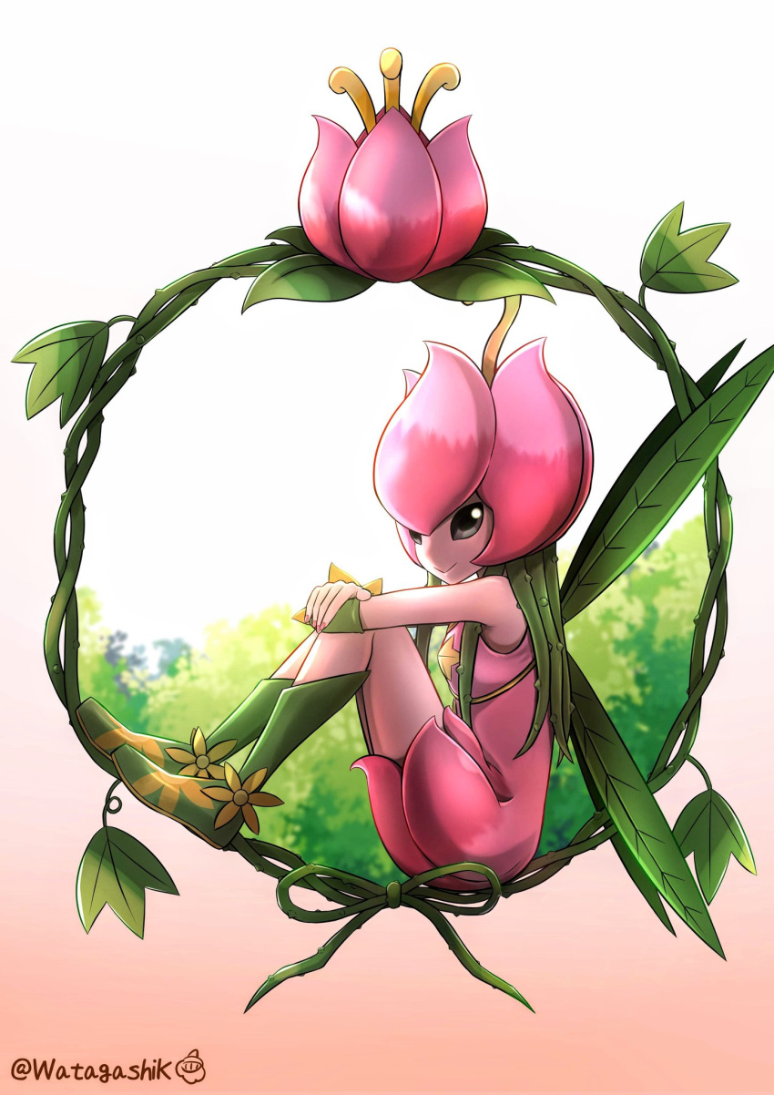 1girl artist_name boots digimon digimon_(creature) digimon_adventure dress flower from_side gradient gradient_background green_footwear green_hair highres knee_boots knees_up lillymon long_hair nail_polish pink_dress pink_flower pink_nails plant sitting smile solo tree vines watagashikn wings