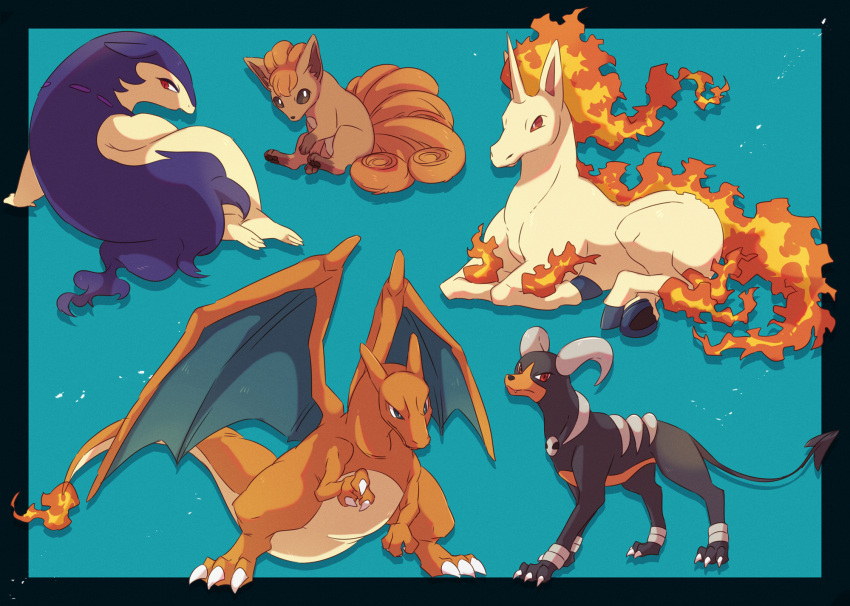 black_border border charizard claws closed_mouth commentary_request fang fang_out fire flame flame-tipped_tail highres hisuian_typhlosion houndoom ktyon3 no_humans outside_border pokemon pokemon_(creature) rapidash red_eyes vulpix