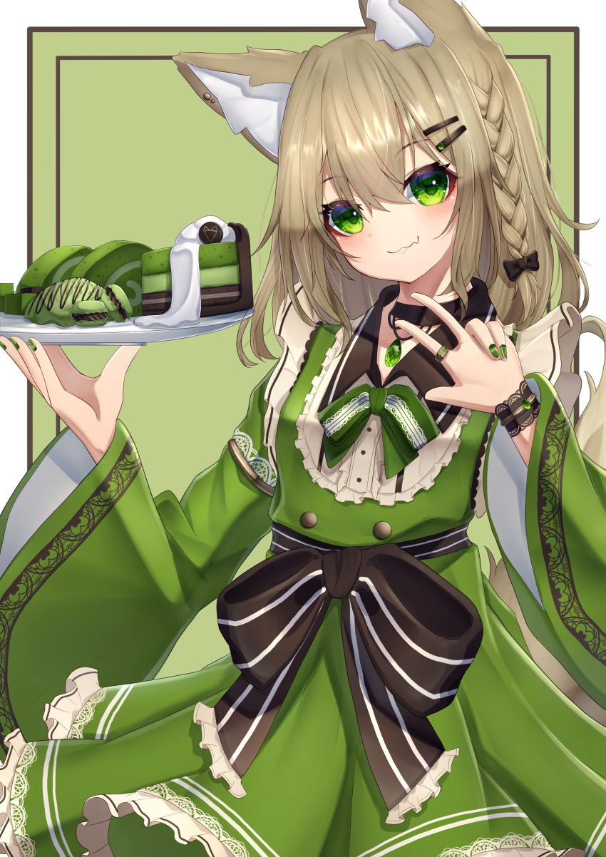 1girl absurdres animal_ear_fluff animal_ears bangs black_bow black_choker bow braid brown_hair choker closed_mouth commentary_request dress fang fang_out food fox_ears fox_girl fox_tail frilled_dress frills green_background green_bow green_dress green_eyes green_nails hair_between_eyes hair_ornament hairclip highres hinata_(user_rjkt4745) holding holding_tray jewelry juliet_sleeves long_hair long_sleeves matcha_(food) nail_polish original puffy_sleeves ring smile solo striped striped_bow tail tray two-tone_background w white_background wide_sleeves