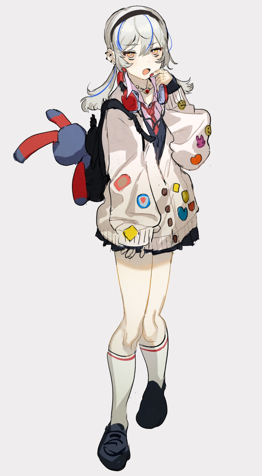 1girl :o animal_bag backpack bag bangs black_footwear black_hairband blue_hair bright_pupils bunny_bag buttons collared_shirt dot_nose ear_piercing finger_to_own_chin gem grey_background hairband hand_up headphones headphones_around_neck highres hood hoodie jewelry long_hair long_sleeves looking_at_viewer multicolored_hair nail_polish necklace necktie open_mouth original piercing pink_shirt red_gemstone red_nails red_necktie seimannu shirt simple_background sketch sleeves_past_wrists slippers socks solo standing sticker streaked_hair vest_over_shirt white_hair white_hoodie white_pupils white_socks yellow_eyes