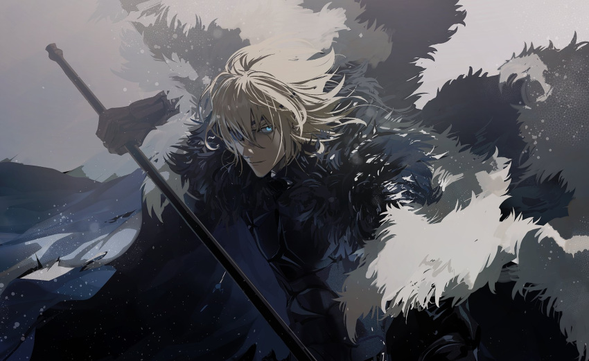 1boy armor bangs blonde_hair blue_cape blue_eyes breastplate brown_gloves cape dimitri_alexandre_blaiddyd en_(enxxx) eyepatch fire_emblem fire_emblem:_three_houses from_above fur-trimmed_cape fur_trim gloves glowing glowing_eye grey_background hair_between_eyes highres holding holding_polearm holding_weapon looking_at_viewer looking_back male_focus medium_hair one_eye_covered polearm serious short_hair solo upper_body v-shaped_eyebrows weapon