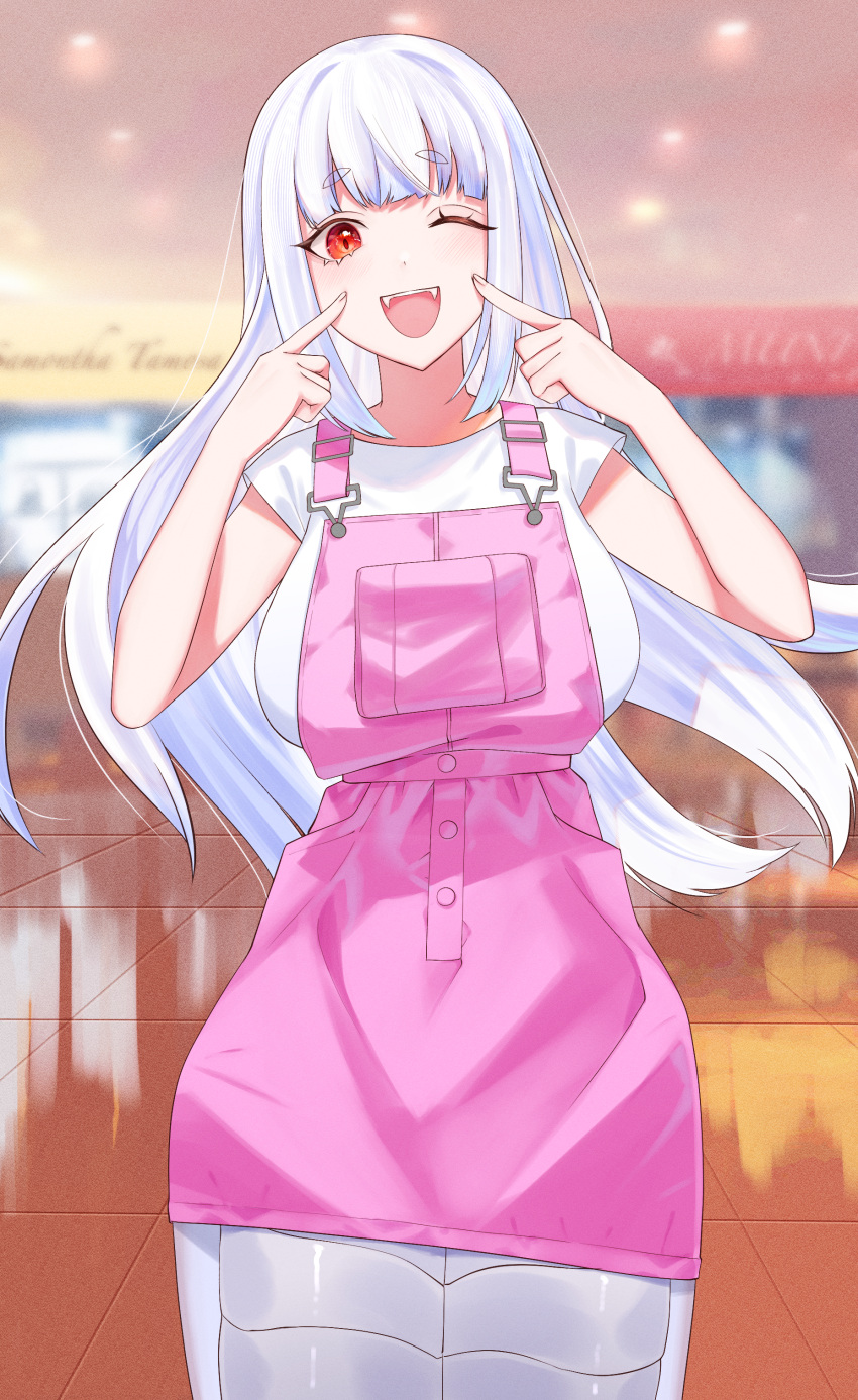 1girl :d absurdres bangs blunt_bangs blurry blurry_background breasts commentary_request fangs happy highres hoshikani lamia large_breasts long_hair looking_at_viewer monster_girl monster_girl_encyclopedia one_eye_closed open_mouth overalls pink_overalls pointing pointing_at_self red_eyes shirohebi_(monster_girl_encyclopedia) shirt short_sleeves smile solo white_hair white_shirt