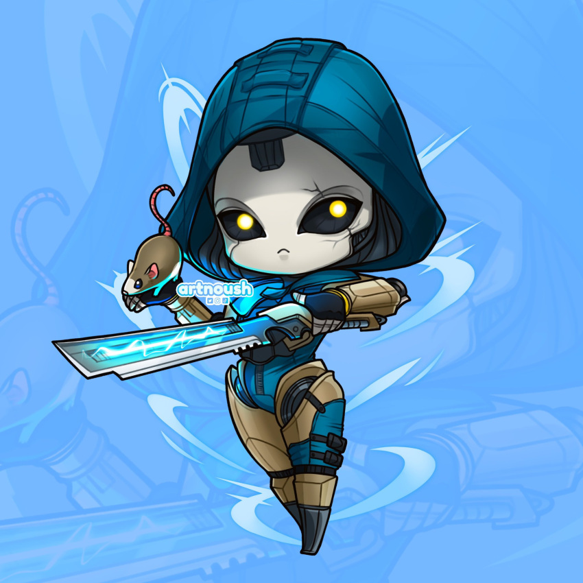 1girl android animal apex_legends ash_(titanfall_2) black_sclera blue_background blue_leotard chibi colored_sclera electricity english_commentary highres holding holding_animal holding_sword holding_weapon hood hood_up hooded_leotard instagram_logo leotard mouse noush science_fiction simulacrum_(titanfall) solo sword tiktok_logo twitter_logo watermark weapon yellow_eyes zoom_layer