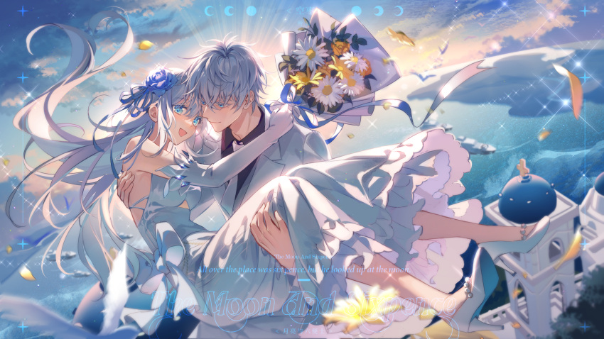 1boy 1girl :d architecture arms_around_neck backlighting bangs bare_shoulders black_shirt blue_flower blue_ribbon blush bouquet bow carrying chinese_commentary chinese_text closed_mouth clouds collared_shirt commentary_request cross crossed_bangs dress dual_persona elbow_gloves english_text eyelashes floating_hair flower formal frilled_dress frills genderswap genderswap_(mtf) gloves gojou_satoru hair_between_eyes hair_flower hair_ornament hair_ribbon high_heels highres holding holding_bouquet jacket jujutsu_kaisen kongzao lapels long_hair long_sleeves looking_at_another looking_at_viewer moon_phases necktie open_clothes open_jacket open_mouth outdoors pants princess_carry ribbon shirt short_hair sidelocks sky sleeveless sleeveless_dress smile suit sunlight white_bow white_dress white_eyelashes white_flower white_footwear white_gloves white_hair white_jacket white_necktie white_pants wing_collar yellow_flower