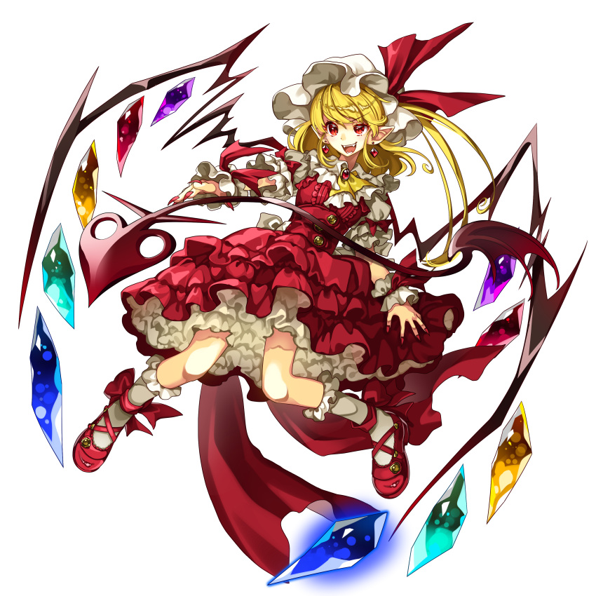 1girl absurdres adapted_costume azuma_kazamori back_bow blonde_hair bow crystal dress earrings fangs fingernails flandre_scarlet frilled_socks frills full_body hat hat_ribbon highres jewelry laevatein_(touhou) mary_janes medium_hair mob_cap multicolored_wings nail_polish open_mouth petticoat pointy_ears puffy_short_sleeves puffy_sleeves red_dress red_eyes red_footwear red_nails red_ribbon ribbon sharp_fingernails shiny shiny_hair shirt shoes short_sleeves simple_background socks solo teeth touhou upper_teeth white_background white_bow white_headwear white_shirt white_socks wings wrist_cuffs