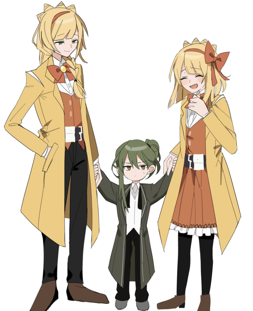 1girl 2boys :d ^_^ age_switch aged_down aged_up bangs belt black_belt black_necktie black_pants black_pantyhose blonde_hair boots bow bow_hairband bowtie braid brown_eyes brown_footwear closed_eyes closed_mouth coat collared_shirt crown_braid full_body green_coat green_eyes green_hair grey_footwear hair_between_eyes hair_bun hair_over_shoulder hairband hand_in_pocket highres holding_hands laughing library_of_ruina long_hair looking_at_another mu46016419 multiple_boys necktie netzach_(project_moon) orange_bow orange_bowtie orange_hairband orange_skirt orange_vest pants pantyhose project_moon shirt short_hair simple_background single_braid single_hair_bun skirt smile sweatdrop swept_bangs tiphereth_a_(project_moon) tiphereth_b_(project_moon) undone_necktie untucked_shirt v-shaped_eyebrows vest white_background white_shirt yellow_coat