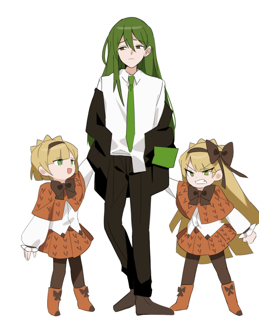 1girl 2boys :d bangs black_jacket black_pants blonde_hair boots bow bow_hairband bowtie brown_bow brown_bowtie brown_eyes brown_footwear brown_hairband brown_pantyhose capelet clenched_teeth closed_mouth clothes_grab collared_shirt crossdressing full_body green_eyes green_hair hair_between_eyes hairband highres jacket jacket_grab lobotomy_corporation long_hair looking_at_another mu46016419 multiple_boys netzach_(project_moon) off_shoulder orange_capelet orange_footwear orange_skirt pants pantyhose project_moon shirt short_hair simple_background skirt smile swept_bangs teeth tiphereth_a_(project_moon) tiphereth_b_(project_moon) untucked_shirt v-shaped_eyebrows white_background white_shirt