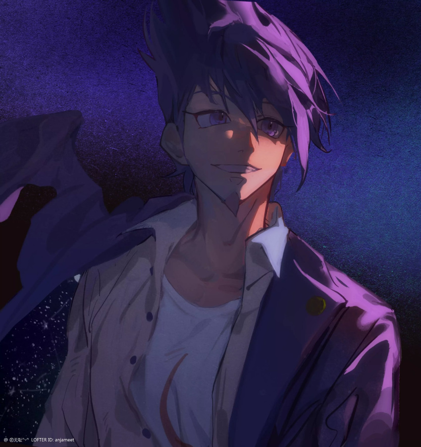1boy black_background collarbone collared_shirt commentary_request danganronpa_(series) danganronpa_v3:_killing_harmony facial_hair goatee gradient gradient_background grey_shirt grin highres jacket looking_to_the_side male_focus medium_hair momota_kaito open_clothes open_jacket open_shirt pink_eyes pink_jacket purple_background shirt smile solo spiky_hair starry_background teeth upper_body white_shirt yuzhou_pai_xiangyan