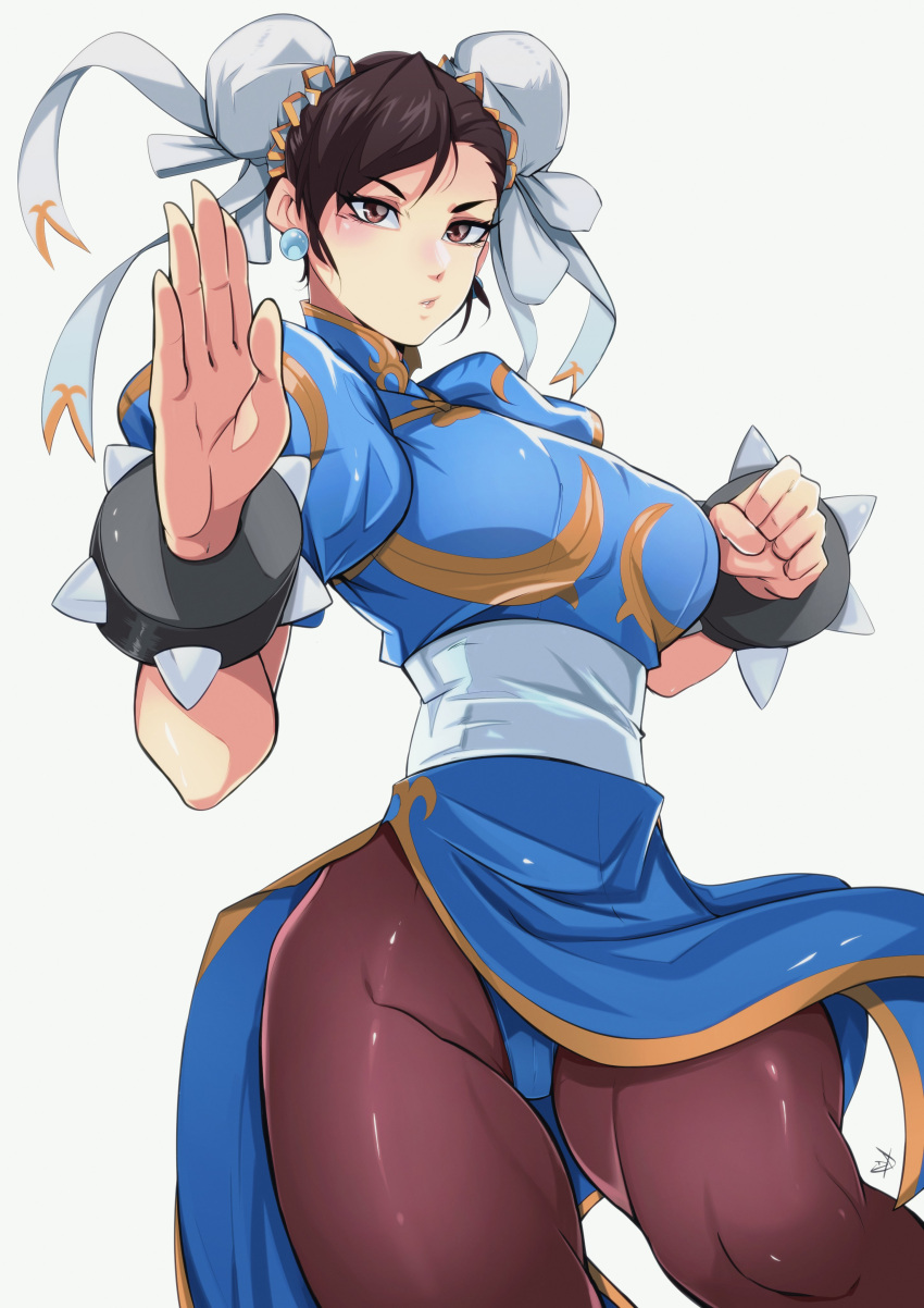 1girl absurdres bangs blue_dress blue_panties bracelet breasts brown_eyes brown_hair bun_cover china_dress chinese_clothes chun-li delux_drawings double_bun dress earrings gold_trim hair_bun highres jewelry medium_breasts panties pantyhose pelvic_curtain puffy_short_sleeves puffy_sleeves short_sleeves signature solo spiked_bracelet spikes street_fighter street_fighter_ii_(series) thighs underwear white_background