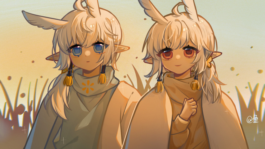 2boys bai_xiao bishounen blue_eyes grey_hair highres looking_at_viewer male_focus mimizuku_(sky:_children_of_the_light) multiple_boys mumuyingzi pointy_hair ponytail red_eyes siblings sky:_children_of_the_light twins upper_body