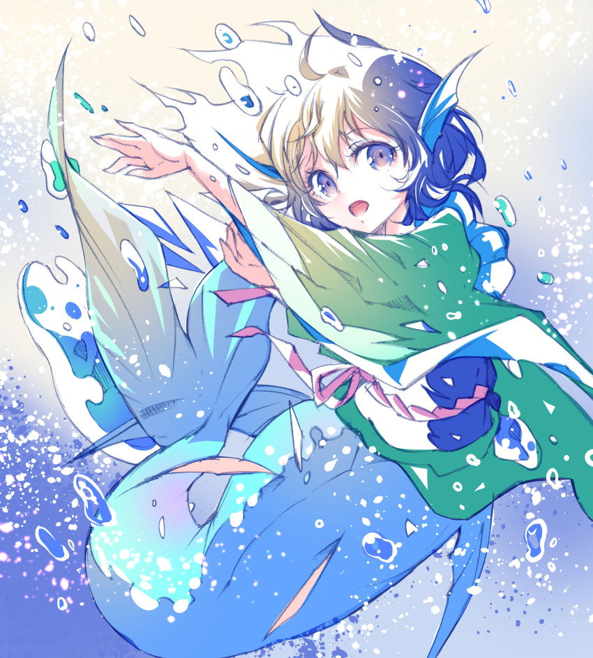 1girl absurdres air_bubble blue_eyes blue_hair bubble full_body green_kimono hair_between_eyes head_fins highres ichizen_(o_tori) japanese_clothes kimono long_sleeves mermaid monster_girl obi one-hour_drawing_challenge open_mouth sash short_hair solo touhou underwater wakasagihime wide_sleeves