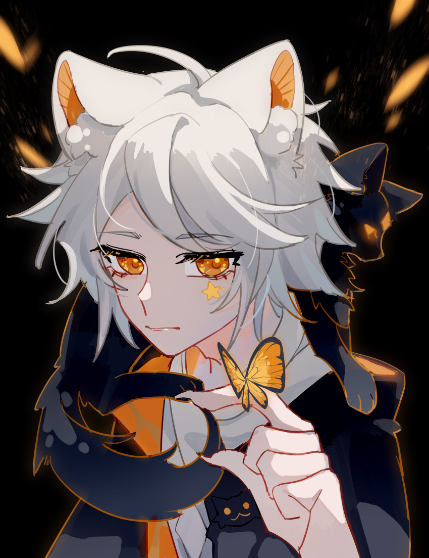 1boy absurdres animal_ears bishounen bug butterfly cat cat_boy cat_ears facial_mark frantic_stagehand highres looking_at_viewer male_focus portrait sky:_children_of_the_light solo white_background white_hair yellow_butterfly yellow_eyes yipingqishui389