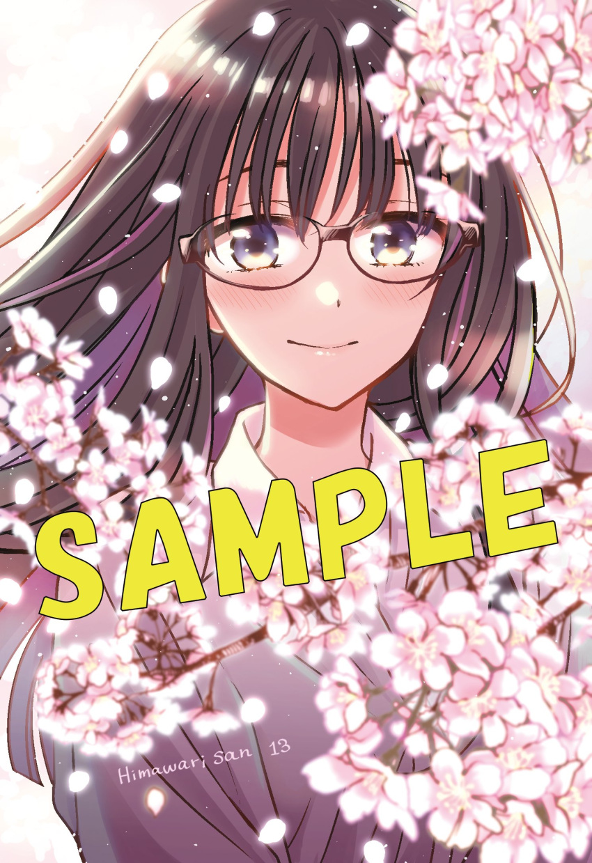 1girl bangs black-framed_eyewear black_hair blush cherry_blossoms closed_mouth collared_shirt commentary_request copyright_name falling_petals flower glasses grey_shirt happy highres himawari-san himawari-san_(character) long_hair looking_at_viewer petals pink_flower sample_watermark shirt simple_background smile solo sugano_manami upper_body violet_eyes white_background