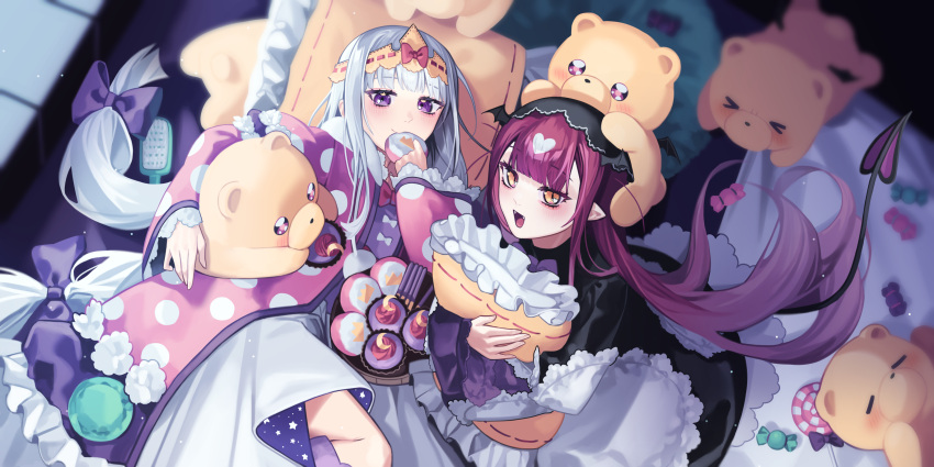2girls absurdres aurora_sya_lis_kaymin black_headwear bow brown_hair candy dessert english_commentary fangs food heart highres indoors lollipop long_hair lying maou-jou_de_oyasumi multiple_girls on_bed on_side pajamas pillow pink_pajamas polka_dot red_bow ropytic succyun teddy_demon very_long_hair violet_eyes wrapped_candy yellow_eyes