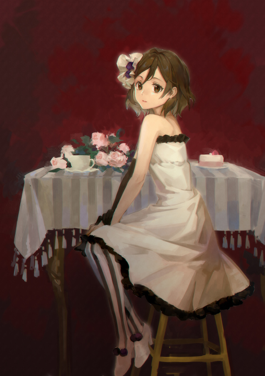 1girl absurdres bare_shoulders black_gloves black_pantyhose brown_eyes brown_hair cake cup don't_say_"lazy" dress elbow_gloves flower food frilled_dress frills full_body gloves hair_ornament high_heels highres hirasawa_yui k-on! kaeki looking_afar medium_hair official_alternate_costume pantyhose pink_flower pink_rose pom_pom_(clothes) red_background rose saucer single_elbow_glove sitting solo stool strapless strapless_dress striped striped_pantyhose table tablecloth tareme tassel teacup two-tone_legwear vertical-striped_pantyhose vertical_stripes watercolor_background white_dress white_footwear white_pantyhose