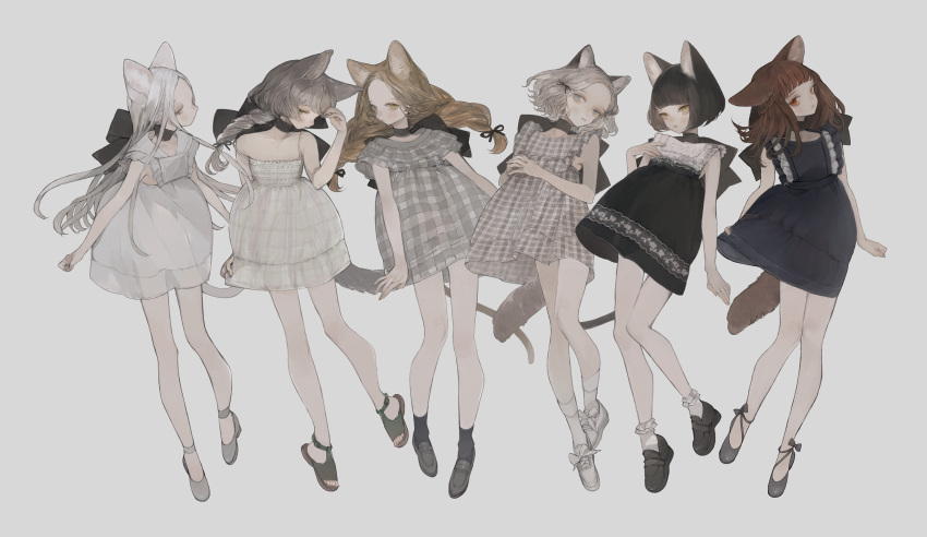 6+girls animal_ear_fluff animal_ears arms_at_sides bangs bare_arms bare_shoulders black_choker black_dress black_footwear black_hair black_socks blue_eyes blunt_bangs bob_cut bow bow_choker braid braided_ponytail cat_ears cat_girl cat_tail checkered_clothes checkered_dress choker collarbone commentary dress expressionless floating floating_hair footwear_bow frilled_dress frilled_socks frills full_body green_eyes grey_background grey_dress grey_eyes grey_footwear grey_hair hair_ribbon half-closed_eyes hand_on_own_chest hand_up highres knees_together_feet_apart loafers long_hair looking_at_viewer low_ponytail medium_hair multiple_girls nekosuke_(oxo) original own_hands_clasped own_hands_together parted_lips plaid plaid_dress red_eyes ribbon sandals shoes short_hair simple_background single_braid skirt_hold sleeveless sleeveless_dress socks spaghetti_strap strap_slip tail twin_braids wavy_hair white_dress white_footwear white_hair white_socks yellow_eyes