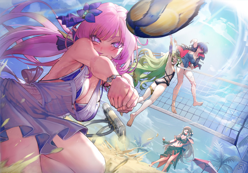 4girls back beach beach_volleyball black_hair blue_eyes brown_hair eden_(honkai_impact) elysia_(honkai_impact) green_hair honkai_impact_3rd mobius_(honkai_impact) official_art pink_hair raven_(honkai_impact_3rd) red_eyes sand sunlight sweat sweating_profusely swimsuit volleyball volleyball_net walzrj wine wine_glass