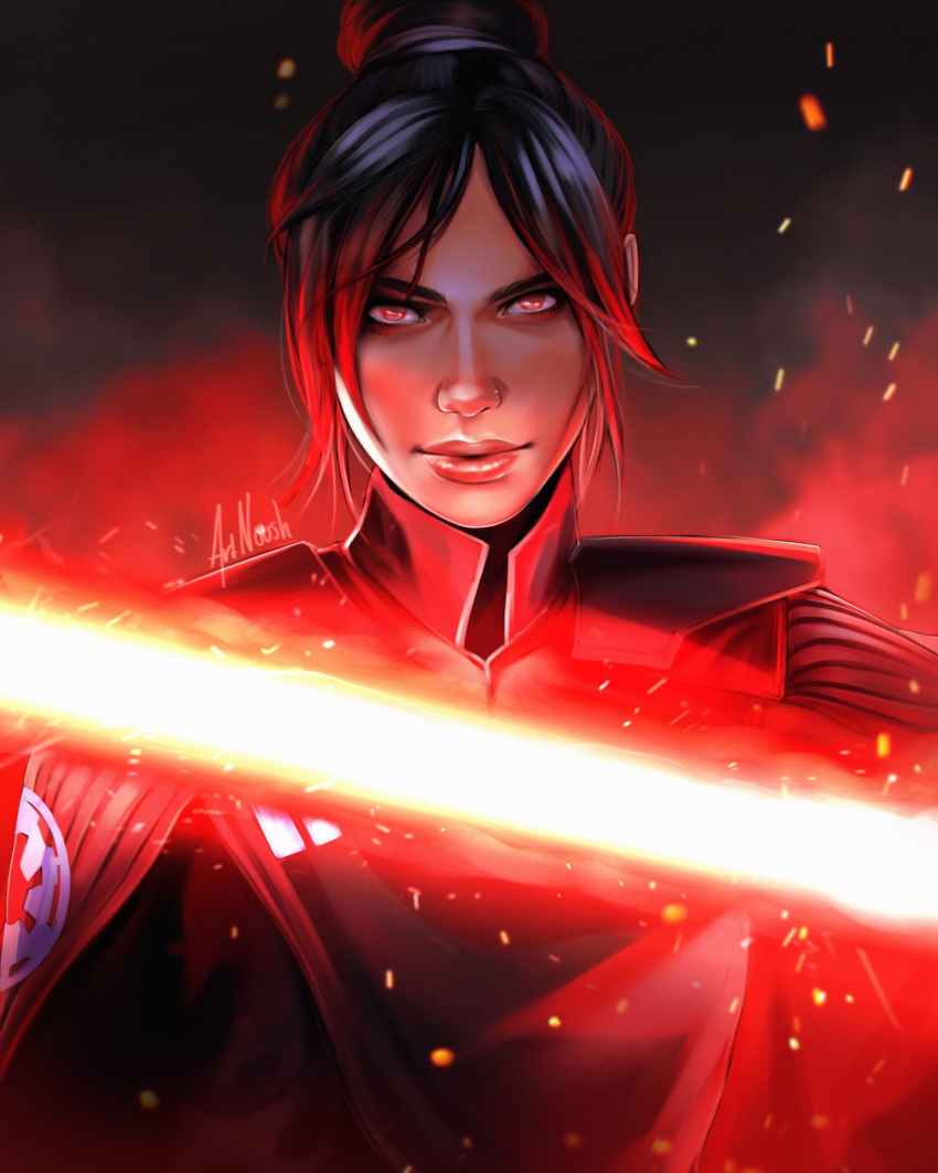 apex_legends artist_name black_hair colored_tips company_connection cosplay energy_sword english_commentary galactic_empire hair_bun head_tilt highres inquisitor_(star_wars) lightsaber looking_at_viewer multicolored_hair noush red_eyes redhead respawn_entertainment second_sister_(star_wars) second_sister_(star_wars)_(cosplay) star_wars star_wars_jedi:_fallen_order sword upper_body weapon wraith_(apex_legends)