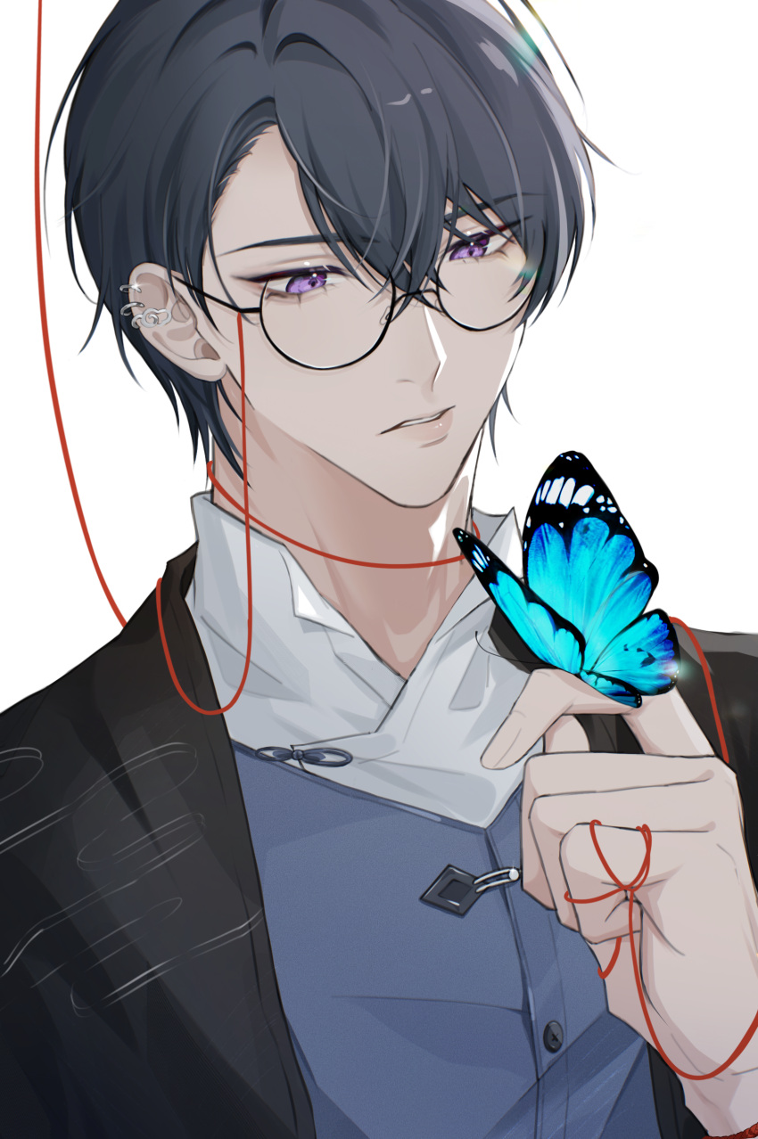 1boy absurdres bangs black-framed_eyewear black_hair black_jacket blue_butterfly blue_vest bug butterfly butterfly_on_hand buttons chinese_commentary collared_shirt commentary_request crossed_bangs ear_piercing fujik0 glasses hair_between_eyes hand_up highres jacket looking_away male_focus marius_von_hagen_(tears_of_themis) open_clothes open_jacket parted_bangs parted_lips piercing round_eyewear shirt short_hair solo string string_around_finger string_of_fate tears_of_themis upper_body vest violet_eyes white_shirt