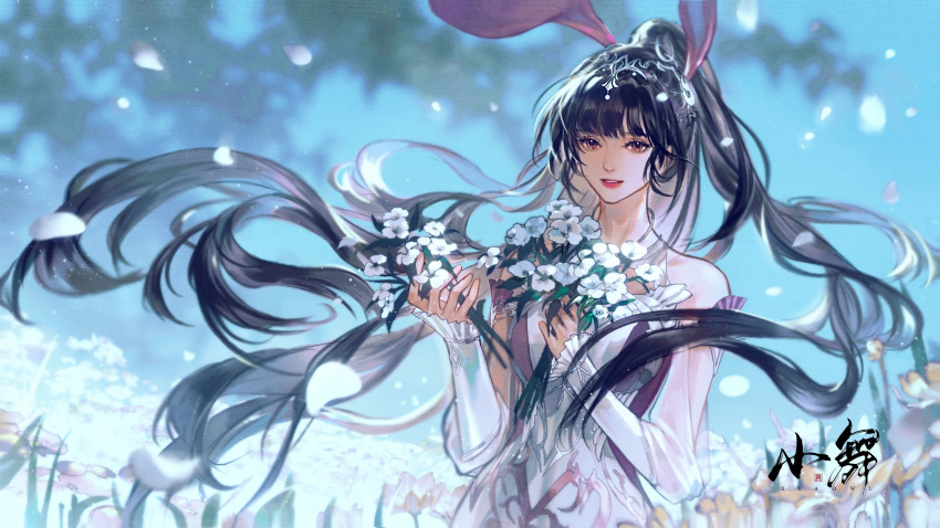 1girl absurdres animal_ears artist_request blue_sky bouquet brown_hair douluo_dalu dress falling_petals hair_ornament highres holding holding_bouquet long_hair outdoors petals pink_dress pink_eyes ponytail rabbit_ears second-party_source shiny shiny_hair sky smile solo teeth xiao_wu_(douluo_dalu)