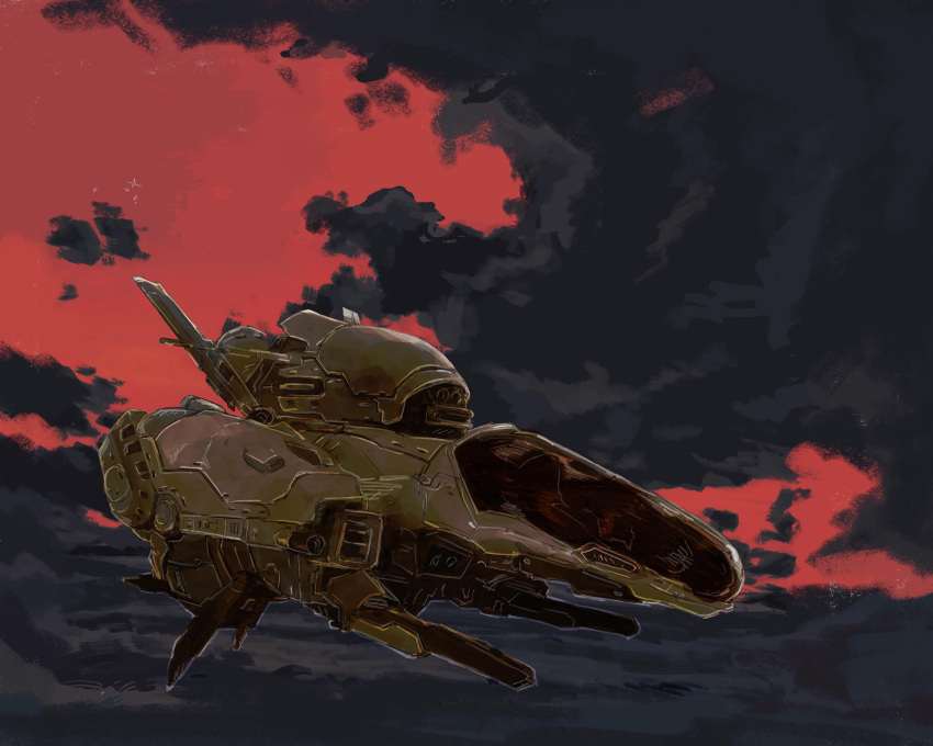absurdres clouds commentary_request dusk energy_cannon flying highres machinery no_humans r-9a_ii_delta r-type r-type_final realistic science_fiction spacecraft starfighter suganosy thrusters