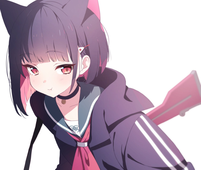 1girl :t animal_ears bangs black_choker black_hair black_jacket blue_archive blunt_bangs blush choker commentary food_in_mouth gun hair_ornament hairclip highres hood hood_down hooded_jacket jacket kazusa_(blue_archive) long_sleeves looking_at_viewer multicolored_hair neckerchief necktie over_shoulder pink_eyes pink_hair pink_necktie sailor_collar school_uniform short_hair simple_background solo symbol-only_commentary upper_body weapon weapon_over_shoulder white_background yotte
