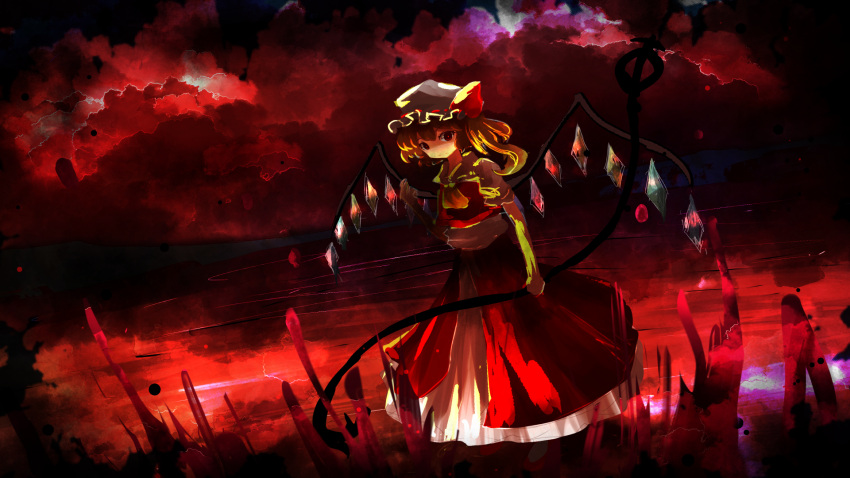 1girl ascot blonde_hair closed_mouth flandre_scarlet full_body hat hat_ribbon highres holding holding_polearm holding_weapon laevatein_(touhou) layered_skirt long_skirt looking_at_viewer medium_hair mob_cap multicolored_wings nanahana_nanana outdoors polearm red_background red_clouds red_eyes red_footwear red_ribbon red_skirt red_theme red_vest ribbon ribbon-trimmed_headwear ribbon_trim shirt short_sleeves side_ponytail skirt skirt_set solo touhou vest weapon white_headwear white_shirt wings yellow_ascot