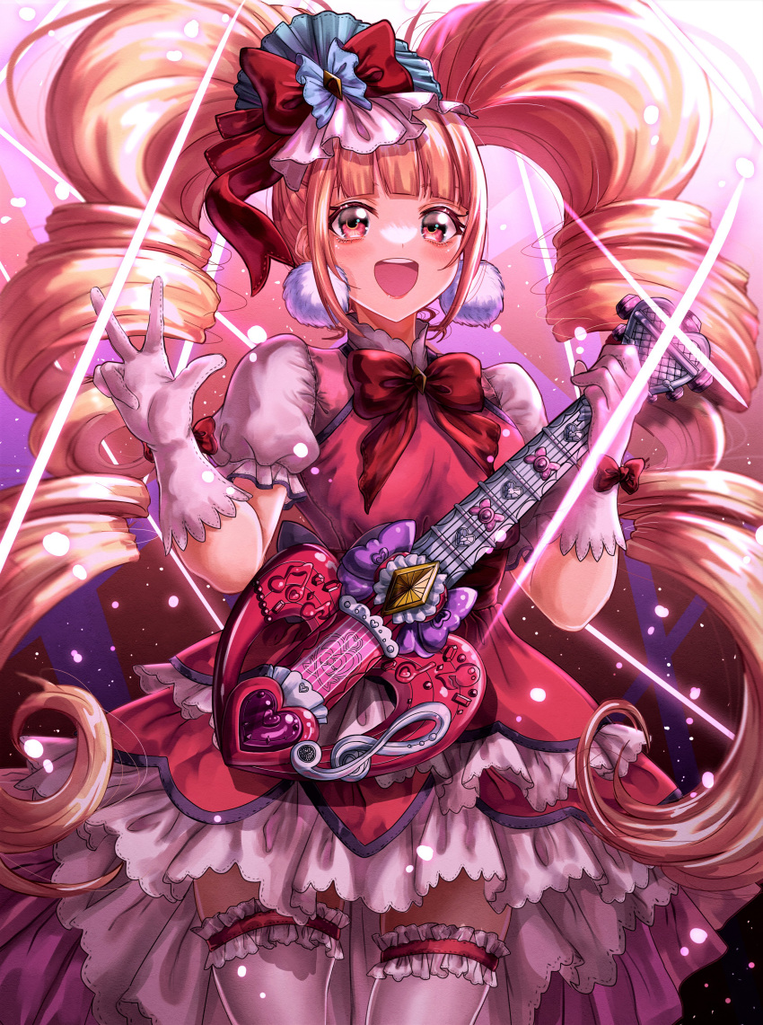 1girl absurdres aisaki_emiru cowboy_shot cure_macherie dress earrings electric_guitar gradient gradient_background guitar hair_ornament highres hugtto!_precure instrument jewelry lipstick long_hair looking_at_viewer makeup open_mouth pink_background pink_dress precure puffy_sleeves red_eyes sakana_sakanama smile solo sparkle thigh-highs white_thighhighs