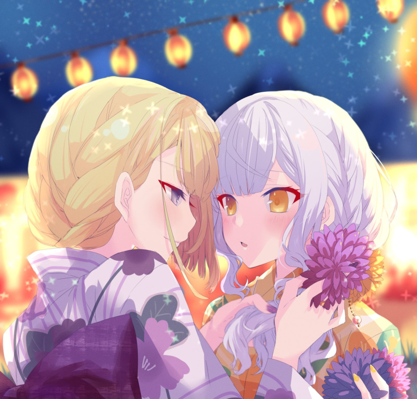 2girls adjusting_another's_hair assault_lily back_bow bangs blonde_hair blunt_bangs blurry blurry_background blush bow braid braided_ponytail commentary face-to-face festival fingernails floral_print flower hair_flower hair_ornament hair_over_shoulder hairdressing half-closed_eyes hand_up hands_up highres holding holding_another's_hair holding_flower holding_hair_ornament japanese_clothes jewelry kimono kon_kanaho lantern long_hair long_sleeves looking_at_another miyagawa_takane multiple_girls nail_polish nari_(mokemokenari) night official_alternate_costume official_alternate_hairstyle outdoors paper_lantern parted_lips pink_flower print_kimono profile purple_bow purple_flower purple_kimono purple_nails ring short_hair side_ponytail single_braid smile sparkle summer_festival upper_body violet_eyes wide_sleeves yellow_eyes yellow_flower yellow_kimono yellow_nails yukata yuri