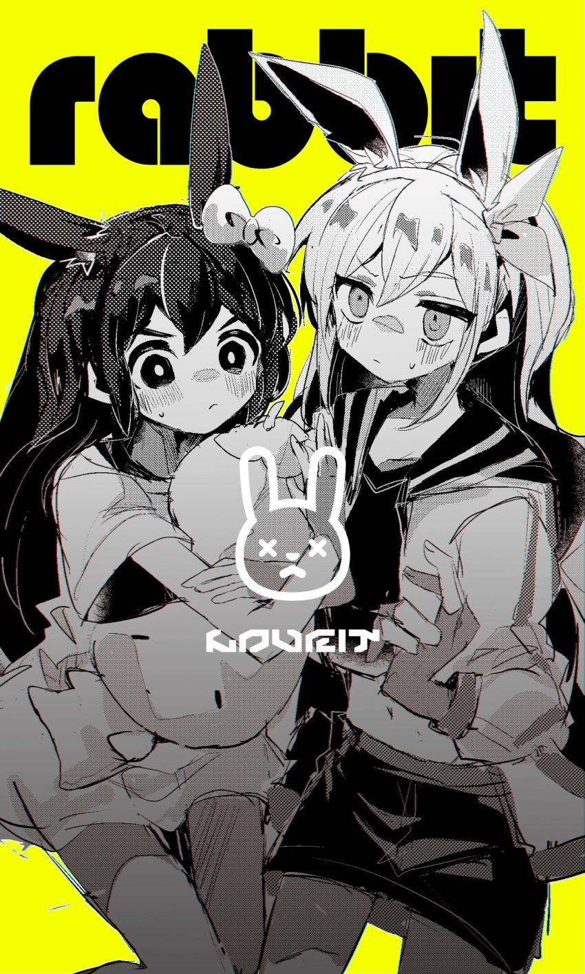2girls animal_ears aubrey_(omori) blush bow closed_mouth collarbone crop_top denim denim_skirt fjsk greyscale_with_colored_background hair_bow hairband highres holding holding_stuffed_toy multiple_girls navel omori rabbit_ears simple_background skirt stuffed_eggplant stuffed_toy yellow_background