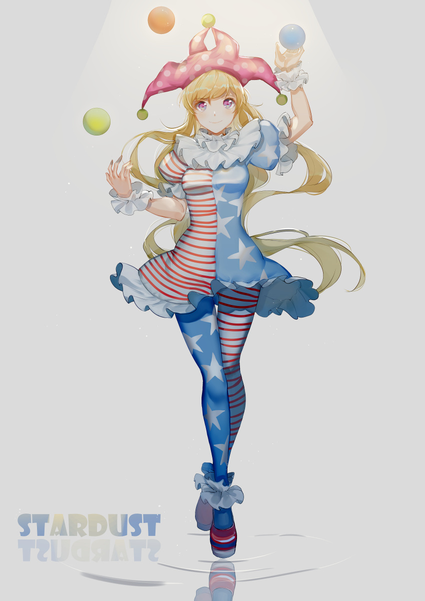 1girl absurdres american_flag_dress american_flag_legwear ball blonde_hair closed_mouth clownpiece cui_ying dress english_text fairy full_body hat highres jester_cap long_hair pantyhose pink_eyes pink_headwear polka_dot polka_dot_headwear smile solo star_(symbol) star_print striped striped_dress striped_pantyhose touhou