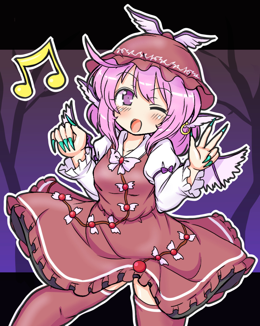1girl animal_ears beamed_eighth_notes bird_ears bird_wings blush brown_dress brown_headwear brown_thighhighs dress earrings eruru_(erl) fingernails frilled_dress frilled_sleeves frills green_nails hair_between_eyes hat highres jewelry long_fingernails long_sleeves musical_note mystia_lorelei nail_polish one_eye_closed open_mouth pink_eyes pink_hair sharp_fingernails short_hair single_earring smile solo thigh-highs touhou white_wings winged_hat wings