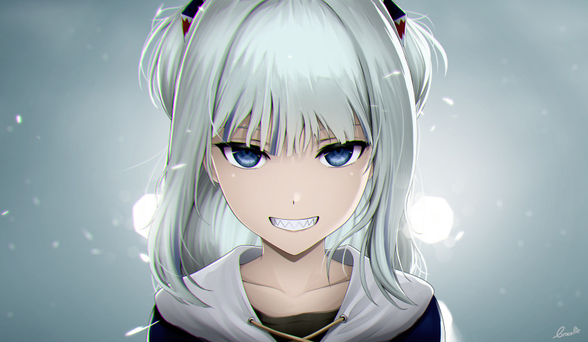 1girl absurdres blue_eyes blue_hair brocollie chromatic_aberration collarbone eyelashes gawr_gura grey_hair highres hololive hololive_english long_hair looking_at_viewer multicolored_hair open_mouth sharp_teeth short_twintails signature smile solo streaked_hair teeth twintails upper_body virtual_youtuber