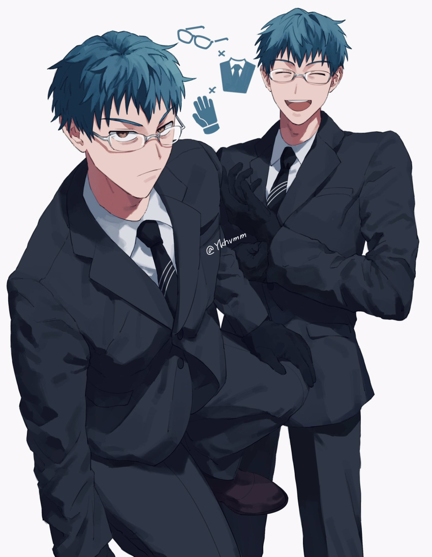 1boy ^_^ ^o^ bangs black_gloves black_jacket black_necktie black_pants blue_hair brown_eyes brown_footwear closed_eyes closed_mouth collared_shirt commentary_request fate/grand_order fate_(series) feet_out_of_frame formal glasses gloves grey_background highres jacket looking_at_viewer male_focus multiple_views necktie open_mouth pants ponytail saitou_hajime_(fate) shirt short_hair simple_background smile solo teeth twitter_username upper_teeth white_shirt ykhvmm