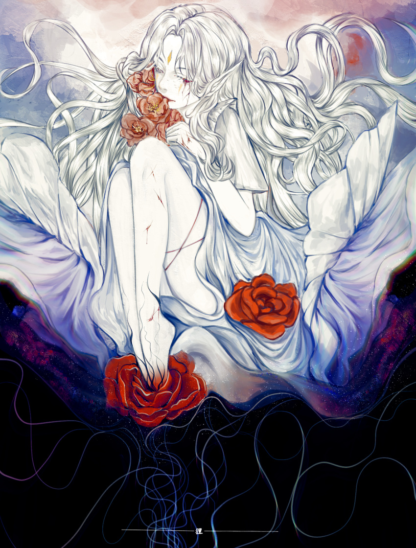 1girl character_request closed_eyes colored_skin flower forest full_body highres lengjiao97664 long_hair nature pointy_ears red_flower red_rose rose sky:_children_of_the_light solo sorceress_(sky:_children_of_the_light) very_long_hair wavy_hair white_skin