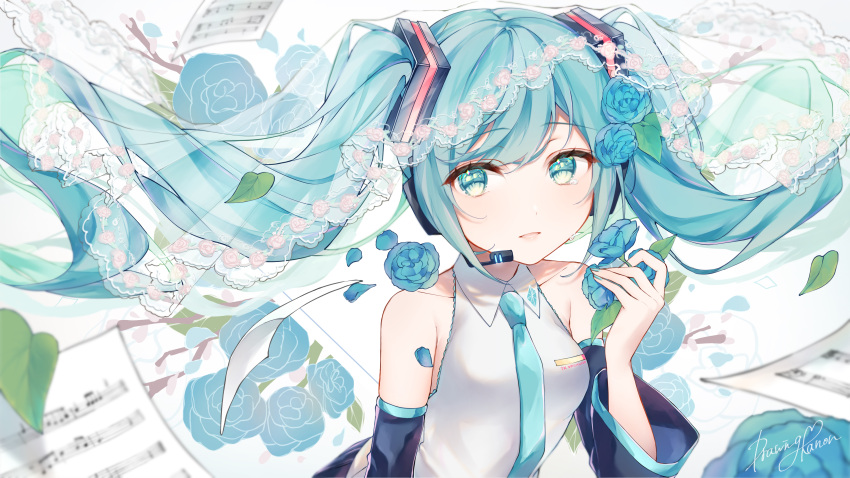 1girl absurdres aqua_eyes aqua_hair aqua_necktie bangs bare_shoulders blue_flower blue_rose breasts collared_shirt detached_sleeves drawing_kanon flower hatsune_miku highres holding holding_flower long_hair long_sleeves looking_at_viewer necktie parted_lips petals rose see-through sheet_music shirt signature simple_background small_breasts smile solo twintails upper_body veil very_long_hair vocaloid white_background white_shirt