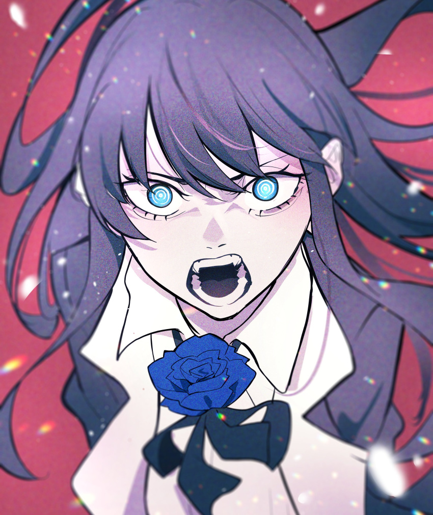 1girl absurdres ado_(singer) blue_eyes blue_flower blurry eyelashes film_grain flower hair_between_eyes highres long_eyelashes long_hair longlong_(drasdr7513) looking_at_viewer open_mouth purple_hair real_life red_background ringed_eyes rose simple_background solo teeth upper_body