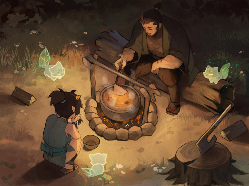 1boy 1girl axe ayu_(sui_(suizilla)) bad_id bad_twitter_id blue_kimono blue_sash brown_hair brown_pants campfire closed_eyes closed_mouth cooking_pot fox from_above highres japanese_clothes kimono log obi oni original outdoors pants ponytail sandals sash short_hair sitting smile spirit squatting sui_(suizilla) tree_stump