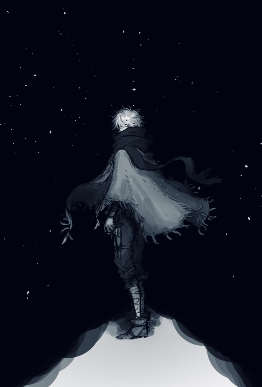 1boy bandaged_arm bandaged_leg bandages clenched_hand cloak dagger dark greyscale hair_between_eyes highres knife looking_at_viewer looking_back male_focus monochrome octopath_traveler scarf scarf_over_mouth sheath sheathed snow snowing solo standing therion_(octopath_traveler) weapon yoshio_(kimama)