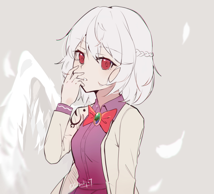 1girl braid buttons cccc20050819 collared_dress dress feathered_wings feathers grey_background grey_hair grey_jacket hair_between_eyes highres jacket kishin_sagume long_sleeves open_clothes open_jacket parted_lips purple_dress red_eyes short_hair signature simple_background single_wing solo touhou white_wings wings