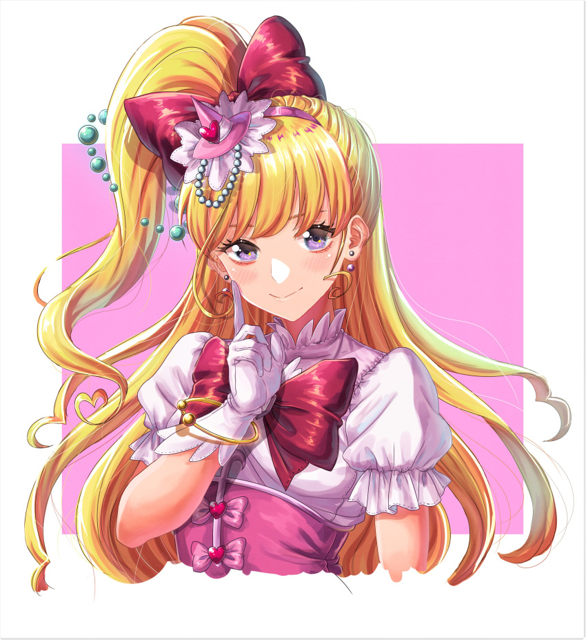 1girl absurdres asahina_mirai blonde_hair bracelet corset cure_miracle diamond-shaped_brooch earrings gloves hat highres jewelry long_hair looking_at_viewer magical_girl mahou_girls_precure! mini_hat mini_witch_hat pink_background pink_headwear ponytail precure puffy_short_sleeves puffy_sleeves sakana_sakanama short_sleeves two-tone_background upper_body violet_eyes white_background white_gloves witch_hat