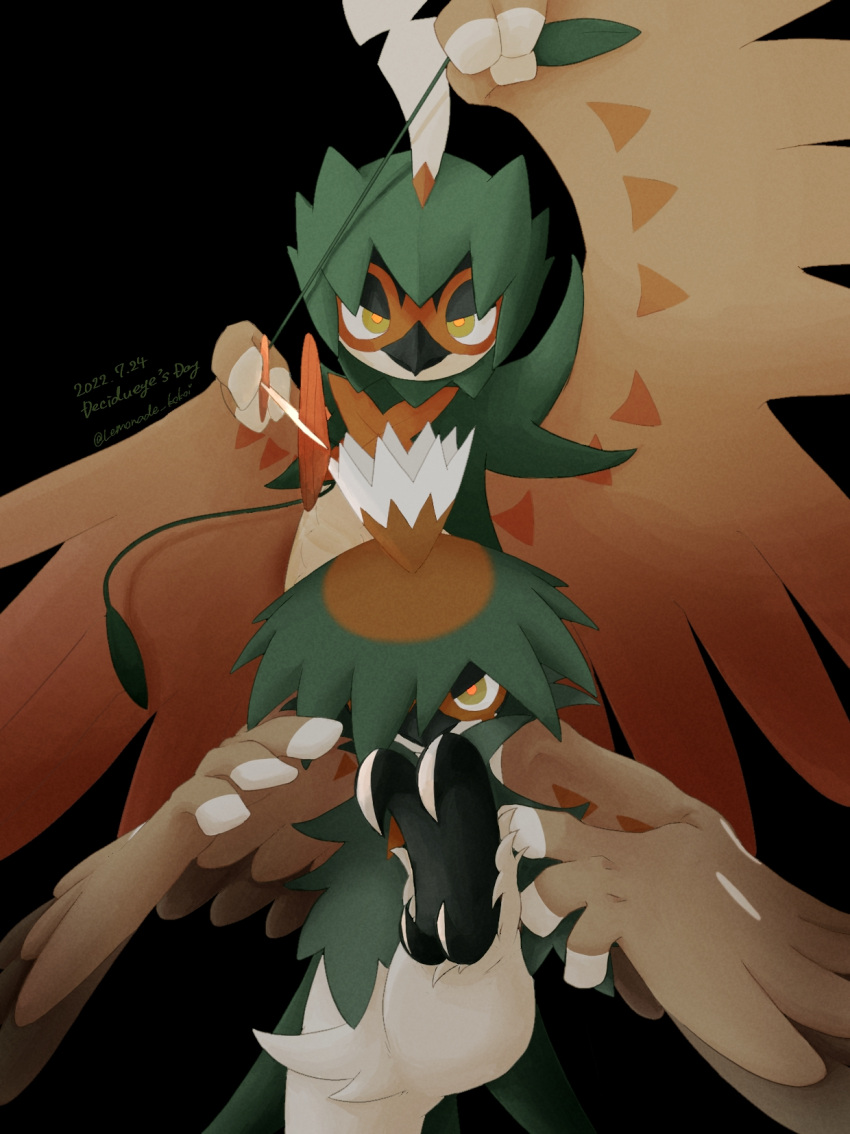 2others aiming_at_viewer alternate_color animal_feet arm_up arrow_(projectile) artist_name bead black_background body_fur brown_fur brown_wings claws closed_mouth commentary_request cowboy_shot decidueye feathered_wings fighting_stance furry green_fur half-closed_eyes hand_up hands_up highres hisuian_decidueye holding holding_arrow kicking leg_up lemonade_kokoi looking_at_viewer multicolored_eyes multicolored_fur multiple_others one_eye_covered orange_eyes other_focus partial_commentary pokemon pokemon_(creature) shiny_pokemon signature simple_background spread_legs standing standing_on_one_leg straight-on twitter_username white_fur wings yellow_eyes