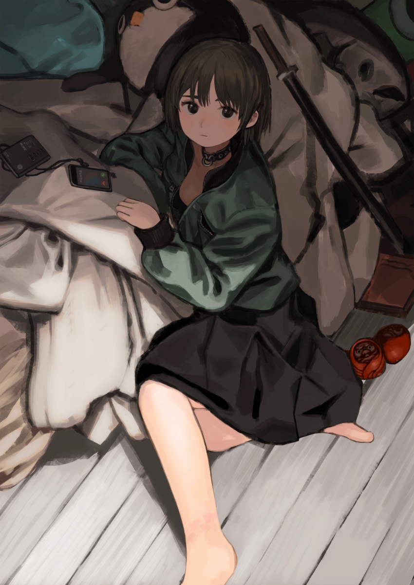 1girl barefoot bed black_skirt blanket brown_eyes brown_hair cellphone choker closed_mouth feet_out_of_frame green_jacket highres jacket long_sleeves looking_at_viewer medium_skirt original phone sara_manta sheath sheathed short_hair sitting skirt solo stuffed_animal stuffed_toy sword weapon wooden_floor zipper