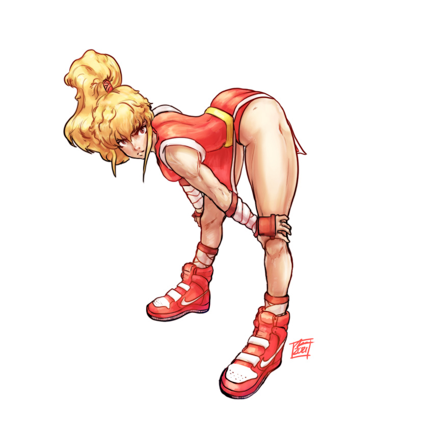 1girl ankle_wrap arm_wrap bent_over blonde_hair breasts brown_eyes capcom_vs_snk_2 english_commentary final_fight full_body genryuusai_maki hands_on_own_knees high_ponytail high_tops highres long_hair narrow_waist nike ninja nishimura_kinu_(style) official_style panties pelvic_curtain red_footwear red_panties shoes sleepyttea sneakers solo thick_thighs thighs toned underwear white_background