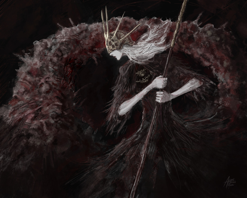 1boy aldrich_devourer_of_gods azure_meraki black_dress crown dark_souls_(series) dark_souls_iii dark_sun_gwyndolin dress highres holding holding_staff long_hair monster pale_skin parted_lips solo staff white_hair