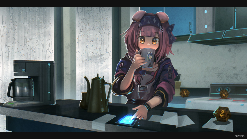 1girl absurdres animal_ears anonamos arknights black_skirt blue_hairband braid cat_ears cellphone coffee_maker_(object) commentary_request covered_mouth cup goldenglow_(arknights) hair_over_shoulder hairband high-waist_skirt highres holding holding_cup indoors jacket lightning_bolt_print long_hair long_sleeves looking_at_viewer mizuki_(arknights) mug open_clothes open_jacket orange_eyes phone pink_hair pink_jacket print_hairband puffy_long_sleeves puffy_sleeves shirt single_braid skirt solo standing upper_body white_shirt