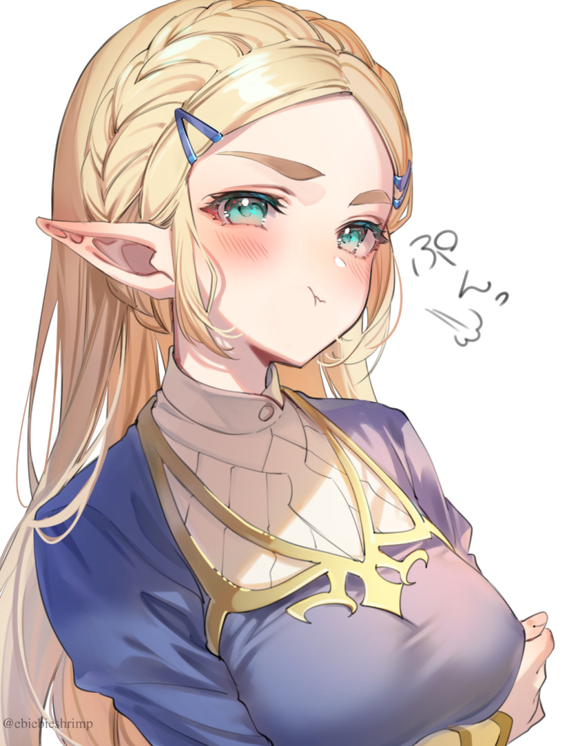 1girl :t blonde_hair blue_shirt blush breasts closed_mouth commentary_request green_eyes hair_ornament hairclip highres long_hair long_sleeves looking_at_viewer medium_breasts pointy_ears pout princess_zelda shirt shuri_(84k) simple_background solo the_legend_of_zelda the_legend_of_zelda:_breath_of_the_wild thick_eyebrows twitter_username upper_body white_background